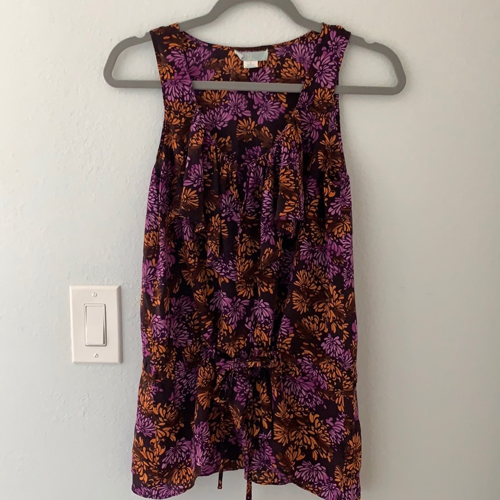 Silk anthro ruffled and draw string chrysanthemum blouse